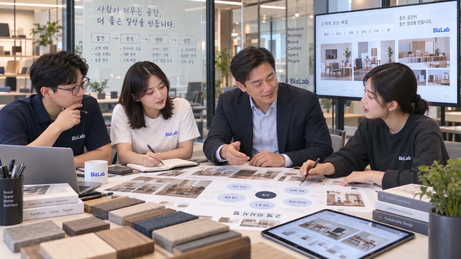 자료를 살펴보며 함께 논의하는 BIZLAB 온라인 비즈니스팀
